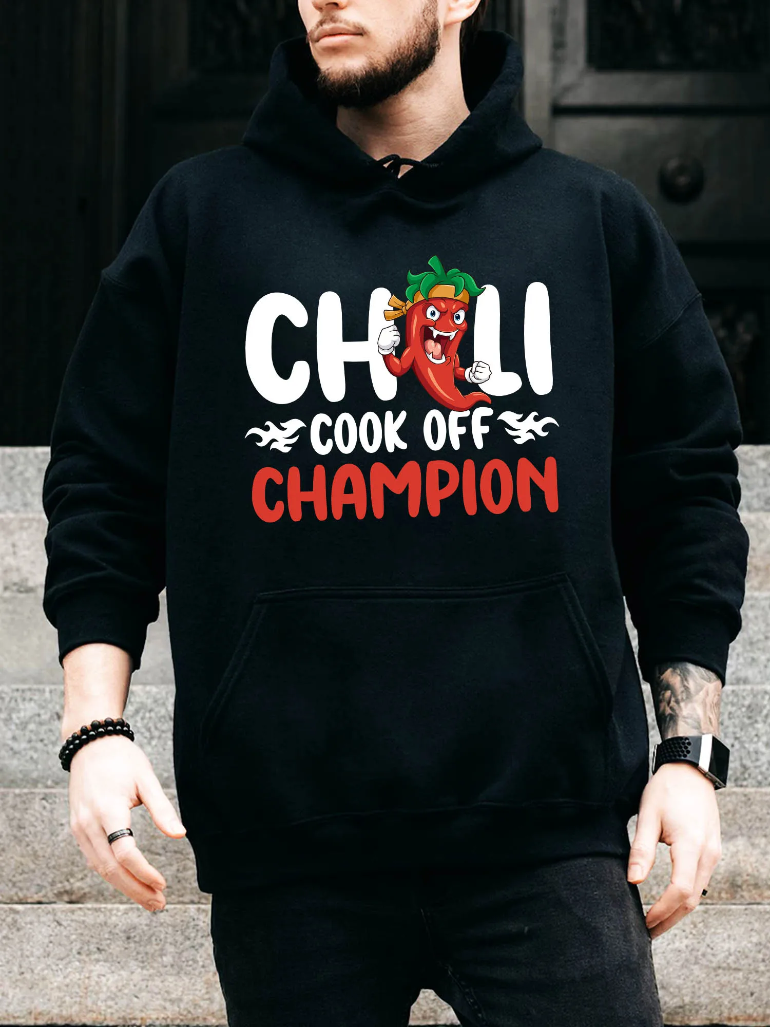 سترة بقلنسوة برباط للرجال من Chili Cook Off Champion - بلوفر أسود مريح كاجوال، سترة بغطاء للرأس للخريف والشتاء #1