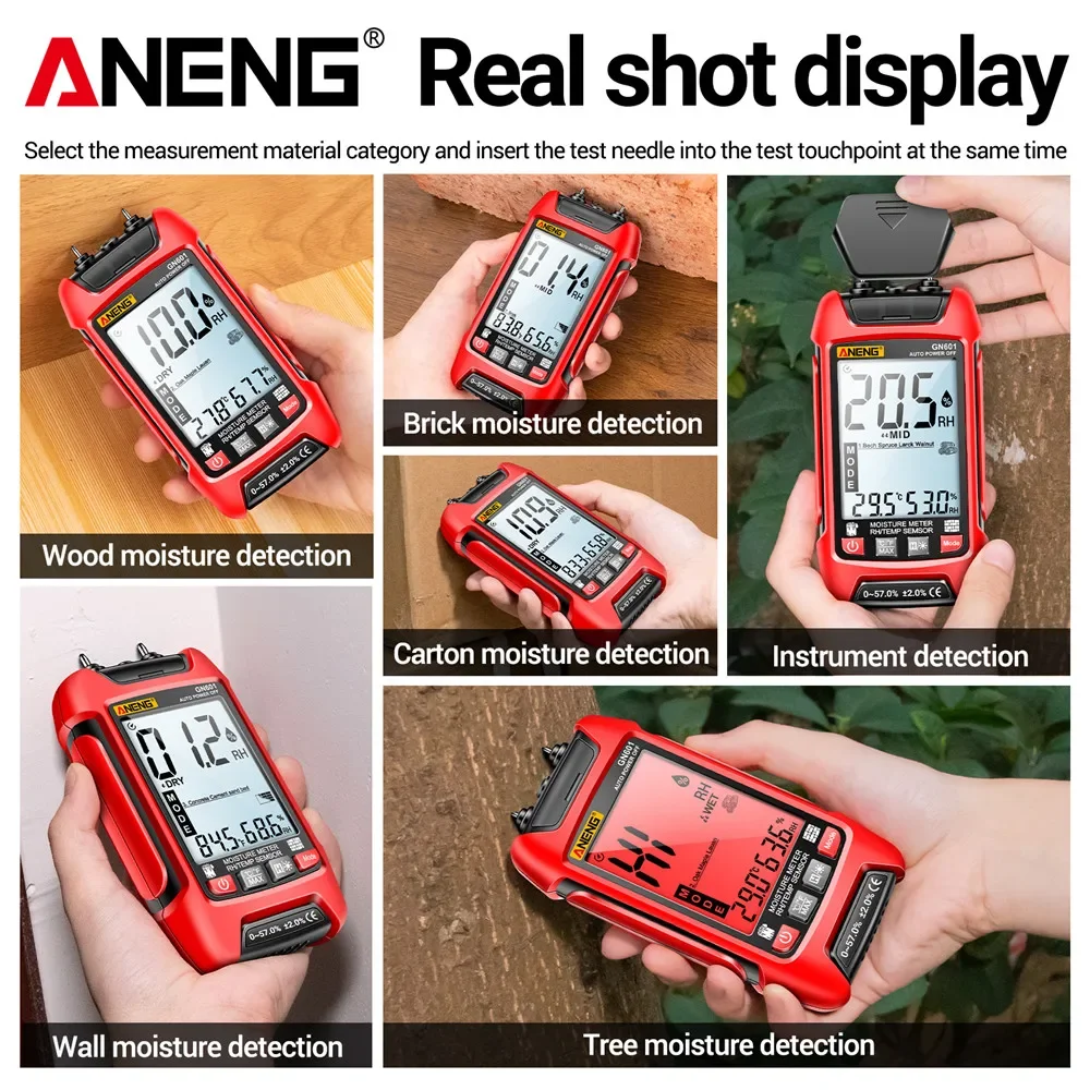 ANENG GN601 Probe Wood Moisture Detector 0~99.9% Timber Hygrometer 20.5% RH Display Digital Backlight Temperature Humidity Meter