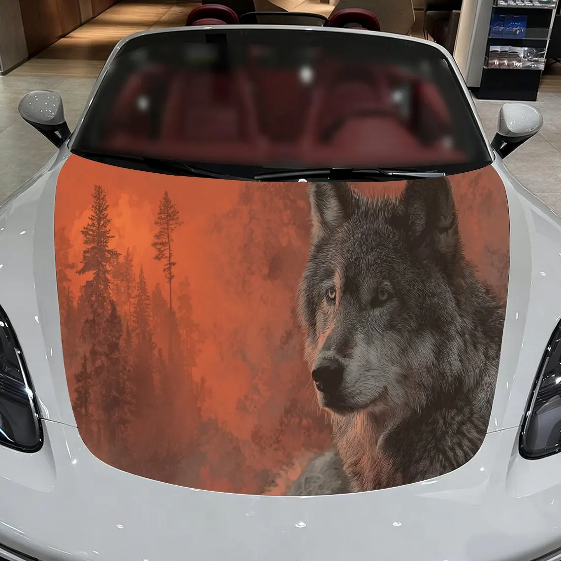 Car Decals A Wolf Design with Forest Elements in a Fiery, Sunset-Hued Textured Background with Artistic, Regal Visual Artistry C