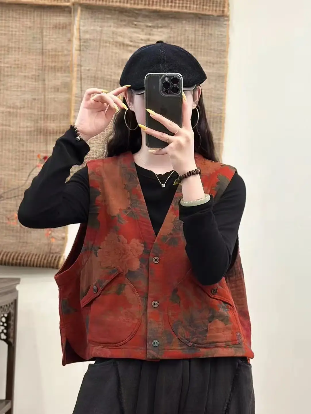 

Retro Artistic Printed Svel Vest Top Two Buttons Fem Outerwear Autumn 2025 Commute Sle Cotton Plant Floral