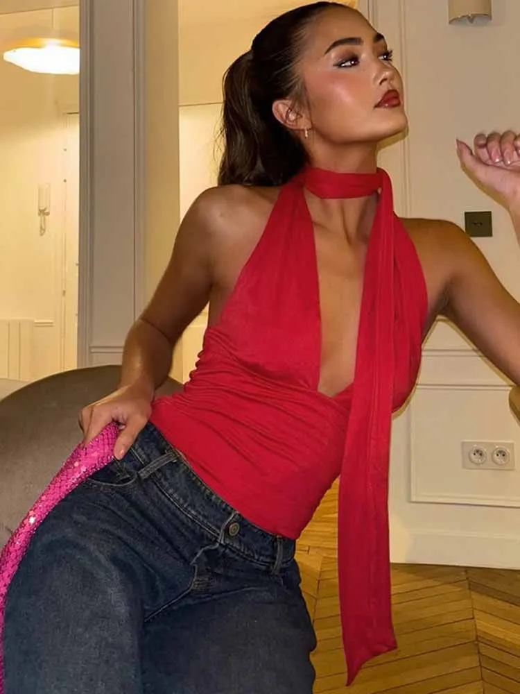 Bkqu regata feminina sexy com decote em v profundo, verão chique em torno do halter, sem mangas, y2k, drapeado, tops curtos, roupas de festa