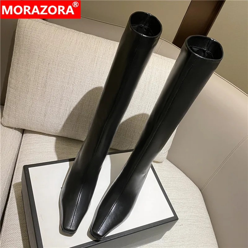 MORAZORA Size 34-43 Genuine Leather Knee High Boots Women High Heels Boots Square Toe Ladies Winter Modern Boots Black Brown