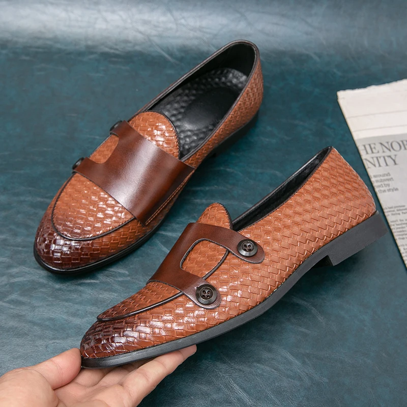 Fashion Men's Monk Shoes Side Buckle Loafers Luxury Business Leather Shoes Summer Slip-on Elegant Outdoor Driving Shoes Brown