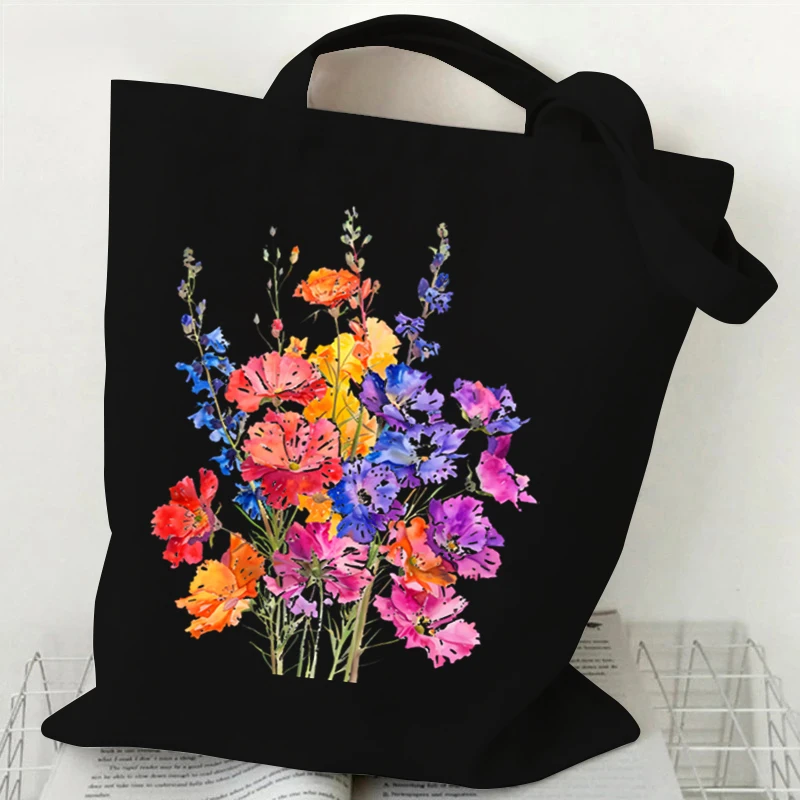 Shoulder Bag for Women Wildflowers Canvas Tote Bag Women Shopping Bag Student Boho Wildflowers Plant Female Reusable Handbags