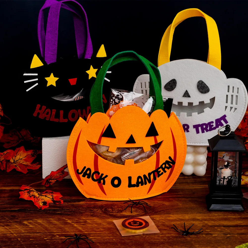 Halloween Party Kids Felt Candy Bag Trick Or Treat Tote Bags Pumpkin Shaped Pouch Novelty Storage Bucket Portable Gift Basket