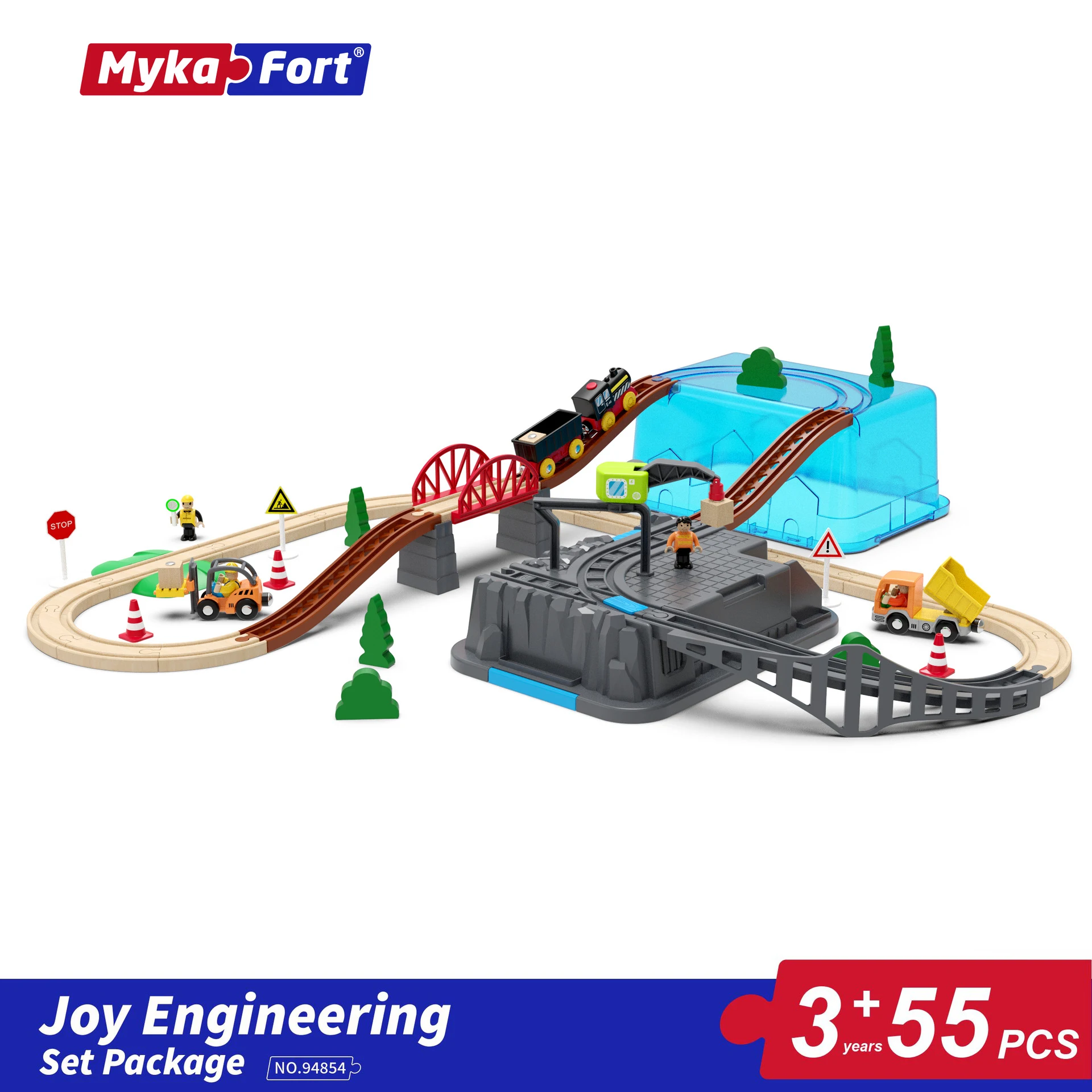 55pcs Engineering Track Set,Car And Wooden Train Track Toys  Accessories Beech Train Track Suitable For Wood Track Toy PD100