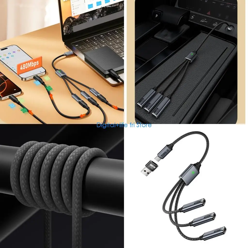 E06D Multi Port USB C Charging Data Transfer Cable for Three Peripherals Connection