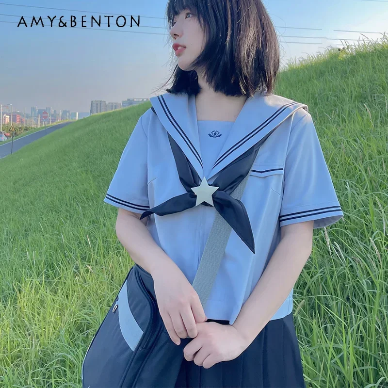 

Japanese Jk Uniform Original Sailor Collar College Style Summer Light Purple Short Sleeves Bow Top Dark Pleated Skirt Suit Girls