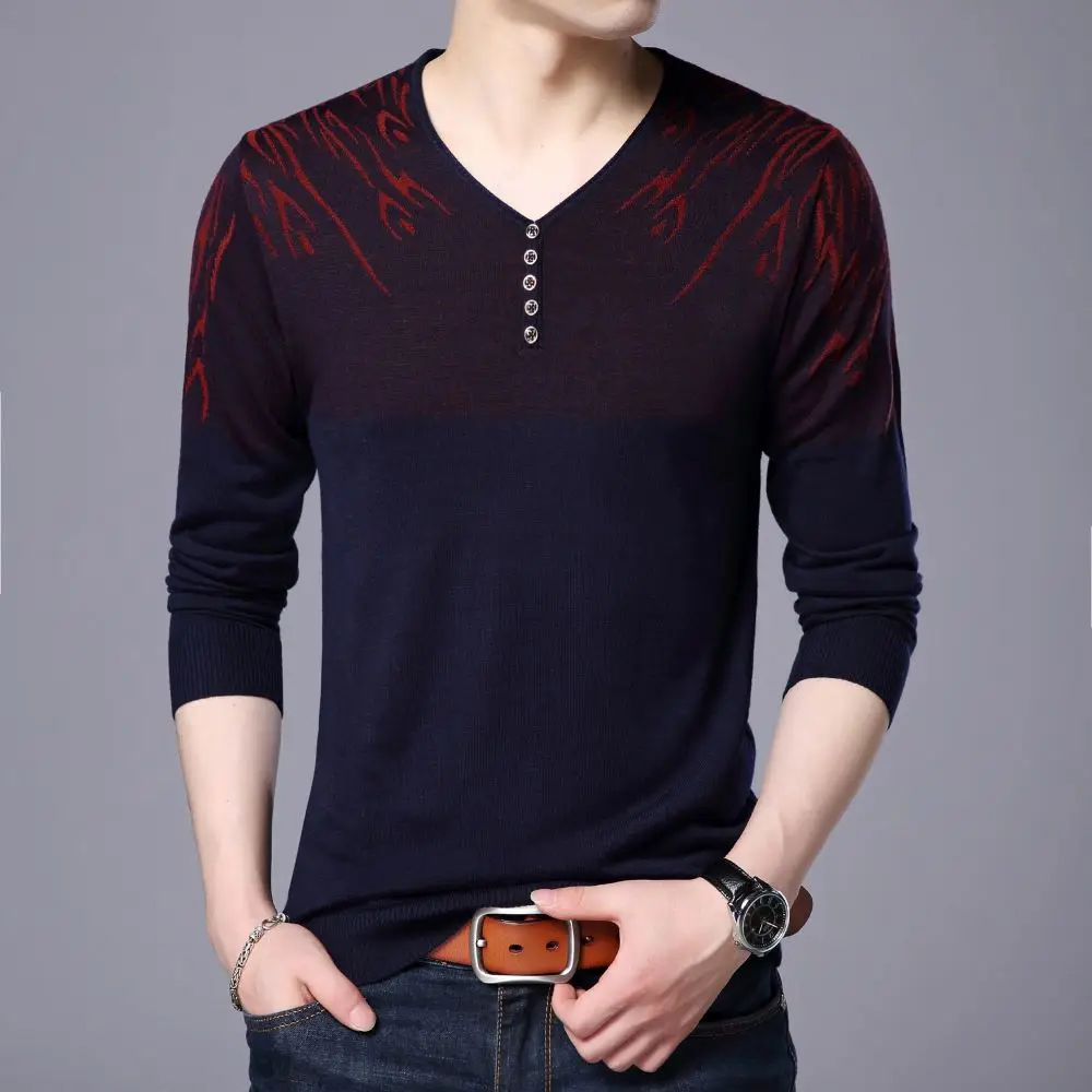 

COODRONY Fashionable Men's V-neck Knitted Sweater New Thin Long-sleeved T-shirt With Unique Geometric Pattern Design Top W5637