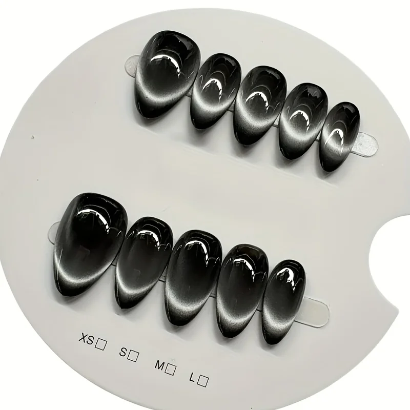 

10Pcs Handmade Cat-Eye Nail Tips, Stylish Black Silver Gradient Finish, Trendy Almond Shaped False Nails, Reusable Full Cover Press On Nails for Women Daily Wear and Party Nail Art Decoration