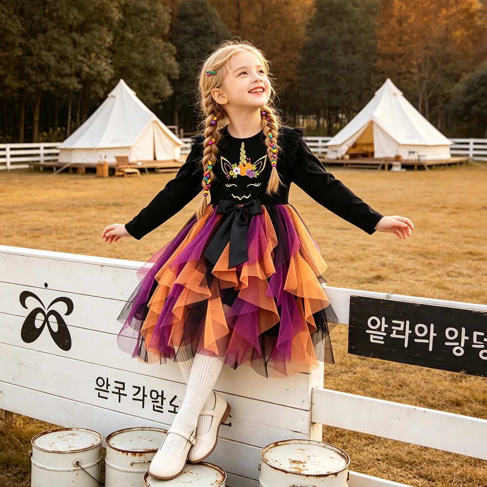 DXTON Mädchen Festival Cosplay Kleider Unregelmäßiges Netz Kleinkind Prinzessin Partykleidung Kinder Halloween Geschenk Kinder Baumwollkleider – Detail 2