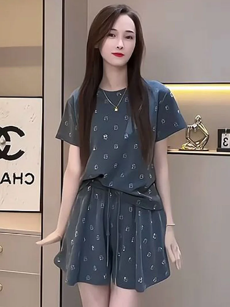 

Summer New Design Women's ort Sve T-irt High Waist orts Skirt Two-Piece Set Faionable Casual Diamond Embellied