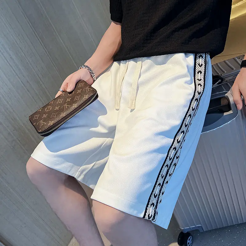 Men Korean Fashion High Street Drawstring Straight Ice Silk Short Pants Y2K Summer Casual Ribbon Design Slim Sports Beach Shorts