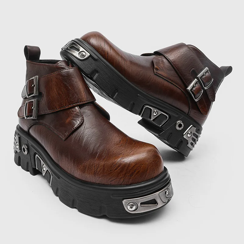 large size men fashion punk goth platform boots silver brown designer shoes cowboy platform boot double buckle ankle botas male