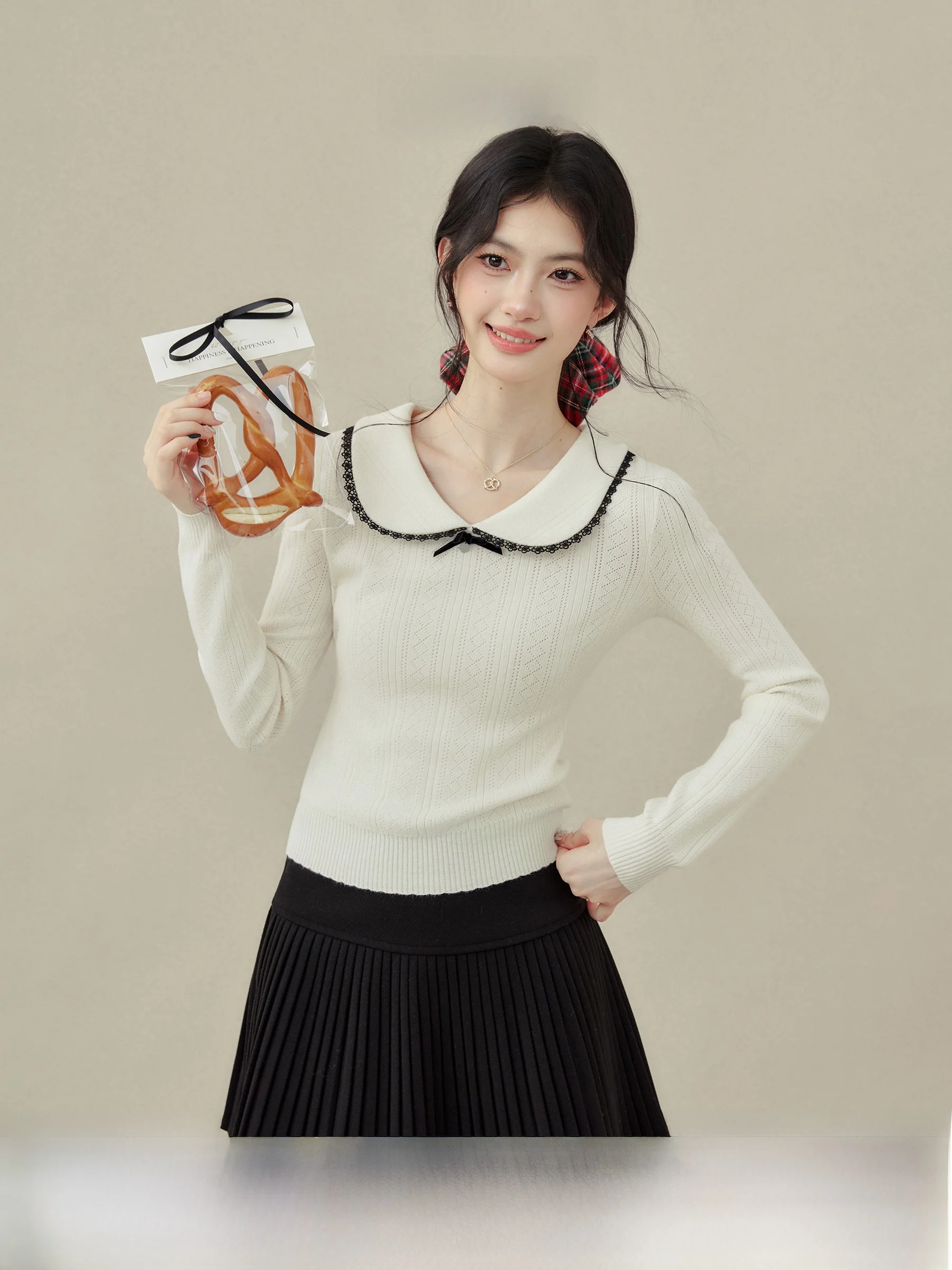 

Ouyang Xi Jenny Cr Knitted Long Sve irt Women's Base Layer Doll Collar Turn-down Collar Spring Inner Wear Top
