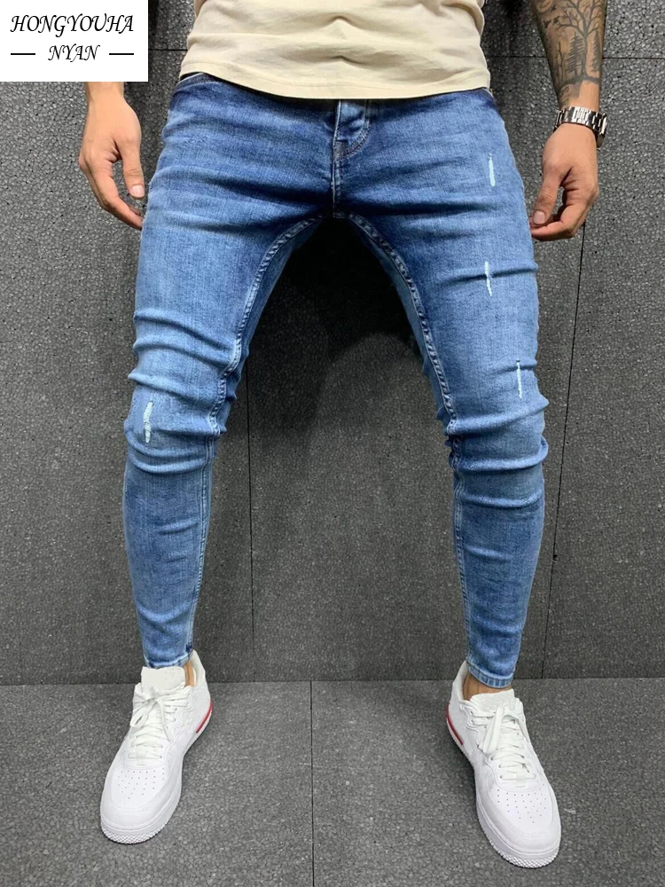 Hochwertige Blue Jeans für Männer Stretch sexy Biker Jeans ausgefranste Slim Fit Bleistift hose Skinny Jean Street Casual Jogging hose