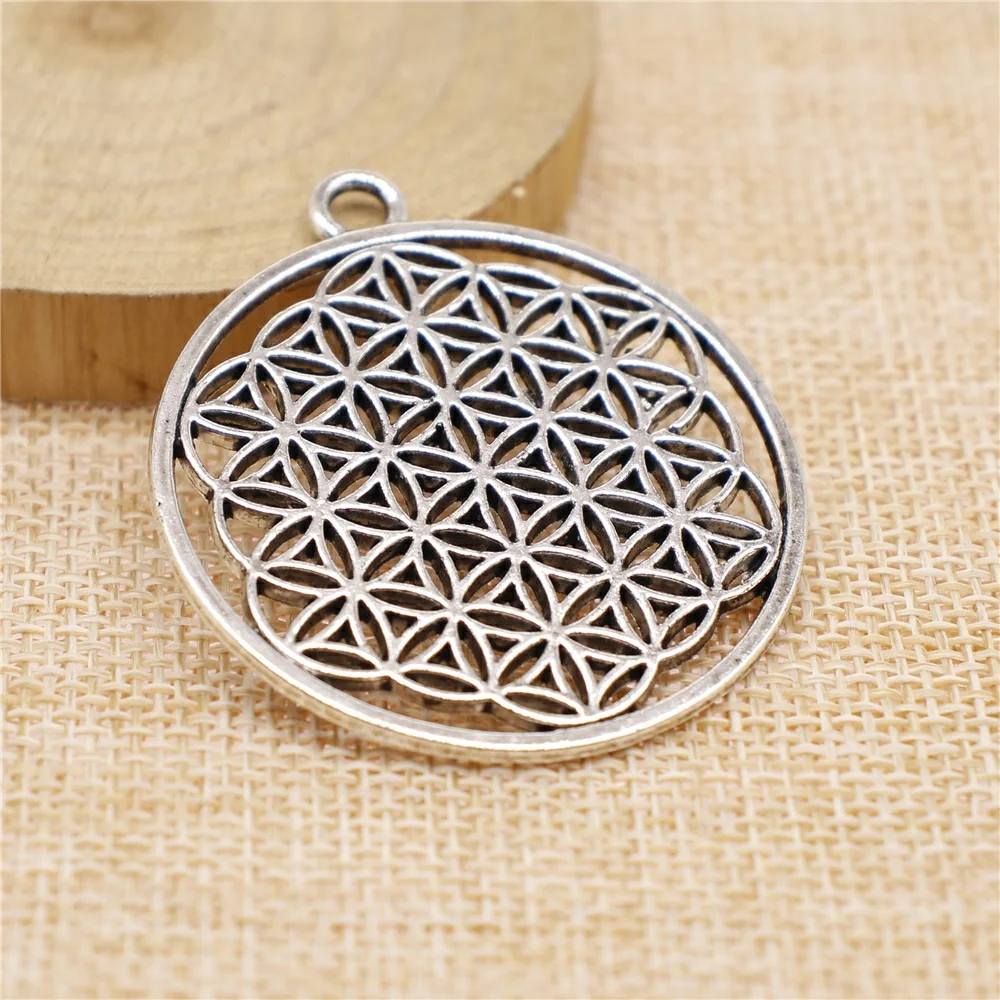 WYSIWYG 2pcs 47x42mm Round Seed Of Life Pendant Round Flower Of Life Pendant Charm Sacred Geometry Mandala Charm