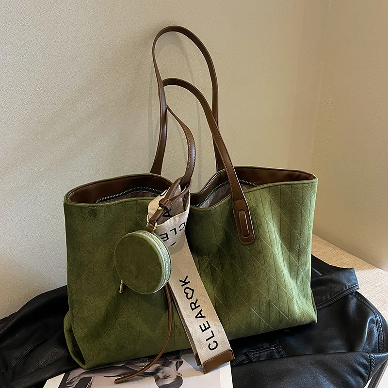 Women Large Capacity Totes 2026 New Retro Frosted Suede Leather Plaid Shoulder Bags Versatile Casual Travel Commuter Tote Bag