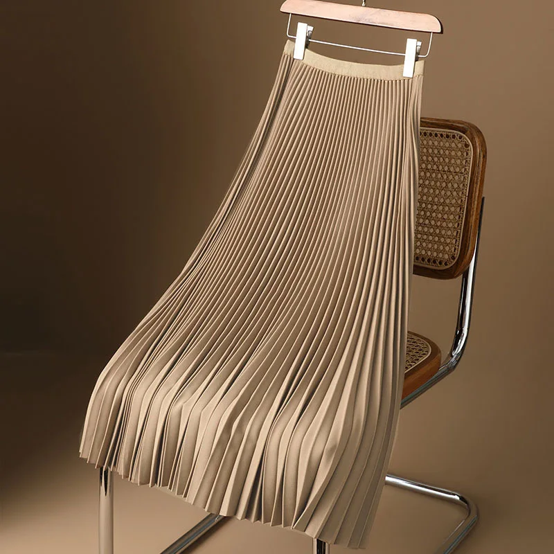 Gonna longuette vintage da donna estiva a pieghe tinta unita elastica a vita alta gonna da donna casual in misto cotone una linea lunga in raso liscio
