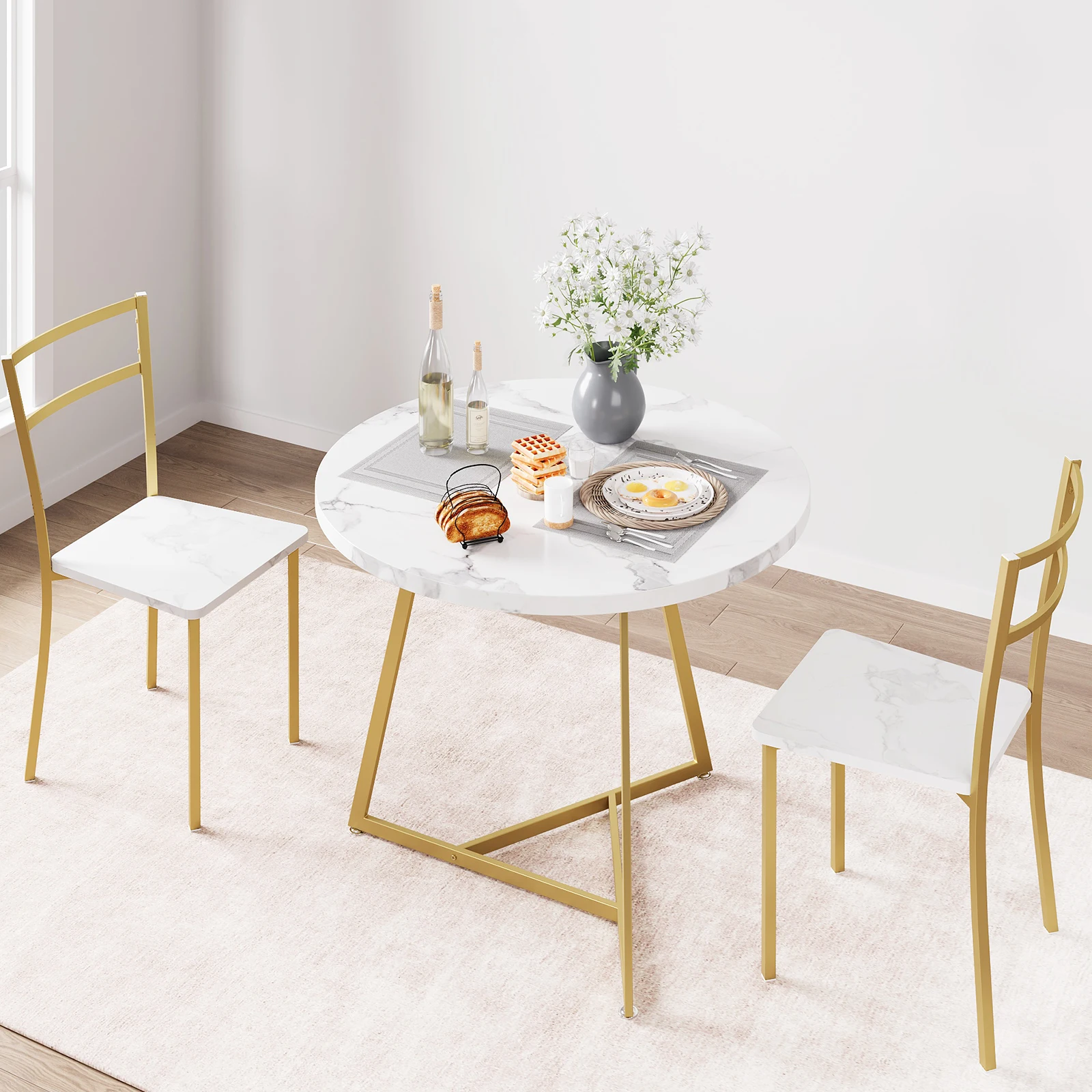 3-Piece Round Dining Table Set for 2 Small Space-Saving Kitchen Dinette with 2 PU Upholstered Padded Chairs Metal Frame Rustic Wood-Look Top Ideal for Apartment/Breakfast Nook/Dining Room
