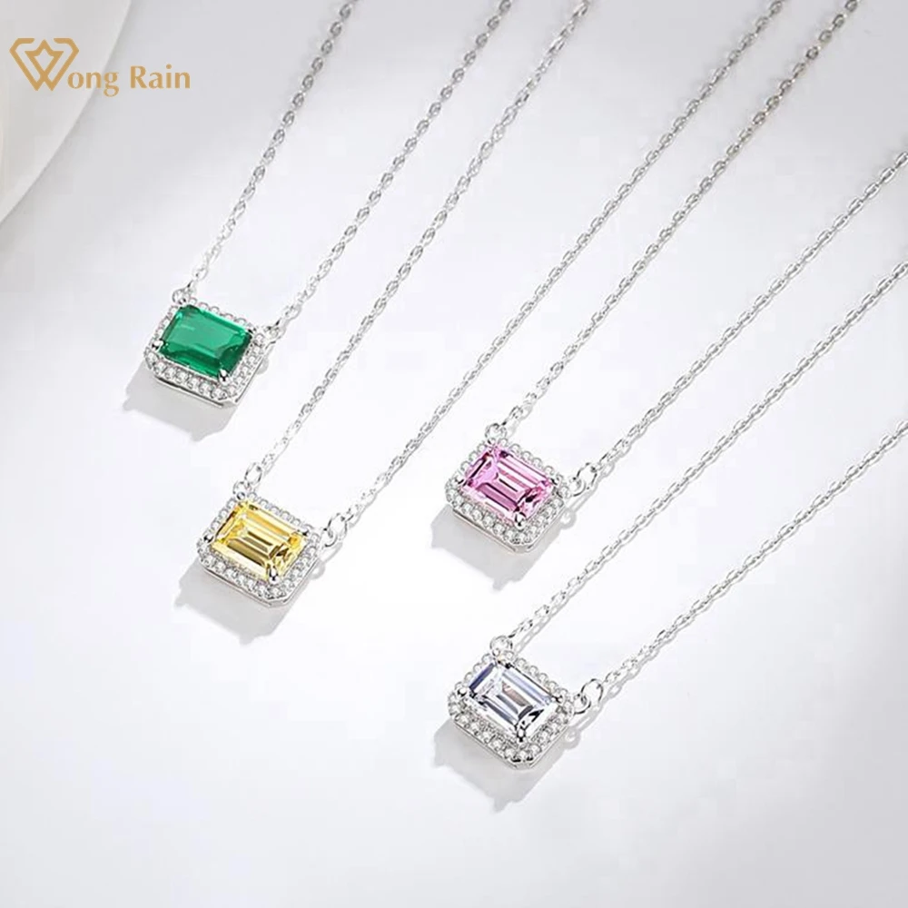 Wong Rain 100% 925 Sterling Silver 6*8 MM Emerald Cut Lab Citrine Sapphire Gemstone Pendant Necklace For Women Jewelry Wholesale