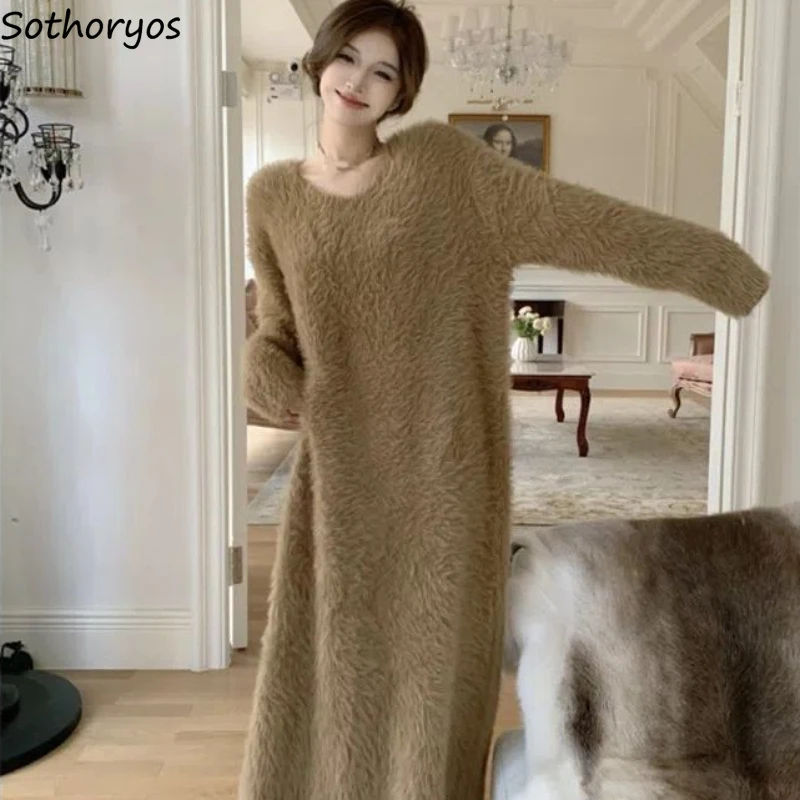 Women Long Nightgown Warm Thicker Solid Comfortable Streetwear Trendy Female Casual Soft Plush Korean Style Simple Loose Elegant