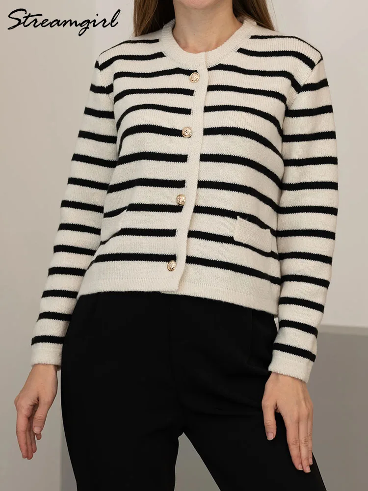 Autumn Short Cardigan For Women Knitted Striped Jackets Loose O Neck Knit Coats Black And White Stripe Women Cardigans Sweater