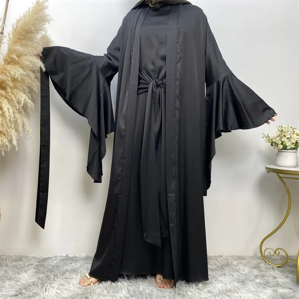 Elegante cetim mangas compridas abayas para mulheres modesto muçulmano marroquino dubai moda casual aberto robe cetim de seda conjuntos muçulmanos 2 peças