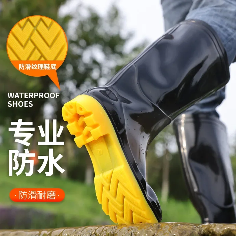 DurableWaterproof Shoes Men's Long Tube Summer Rain Shoes Wear-resistant Black Outdoor Wading Rain Boots