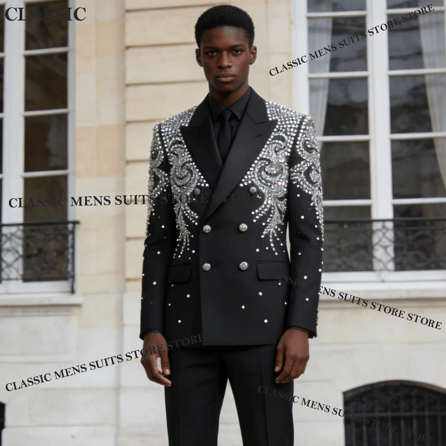 

Деловые мужские костюмы по индивидуальному заказу Изысканные блестки с остроконечными лацканами Длинные пальто Брюки Блейзер Комплекты из 3 предметов Одежда для жениха Свадебные смокинги
