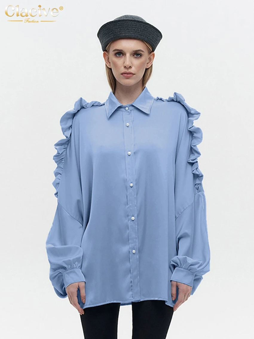 

Clacive Fashion Loose Blue Satin Women's Blouse 2025 Casual Lapel Long Sleeve Shirts Elegant Ruffle Solid Top Female Clothing