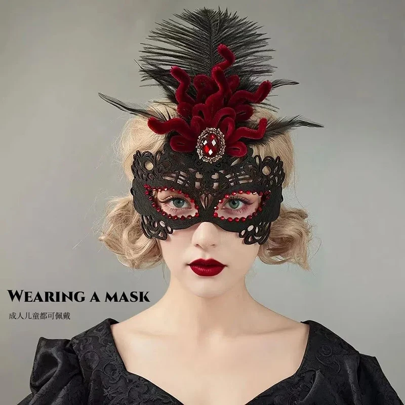 

Vintage Black Lace Masquerade Mask Red Feather Rhinestone, Elegant Half Face Mask Party Halloween Cosplay Adult Venetian Mask