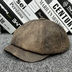 High Grade Full Grain Cow Leather Autumn Winter Artist Beret Hat For Men Distress Octagonal Cap Outdoor Retro Women Visor Hat