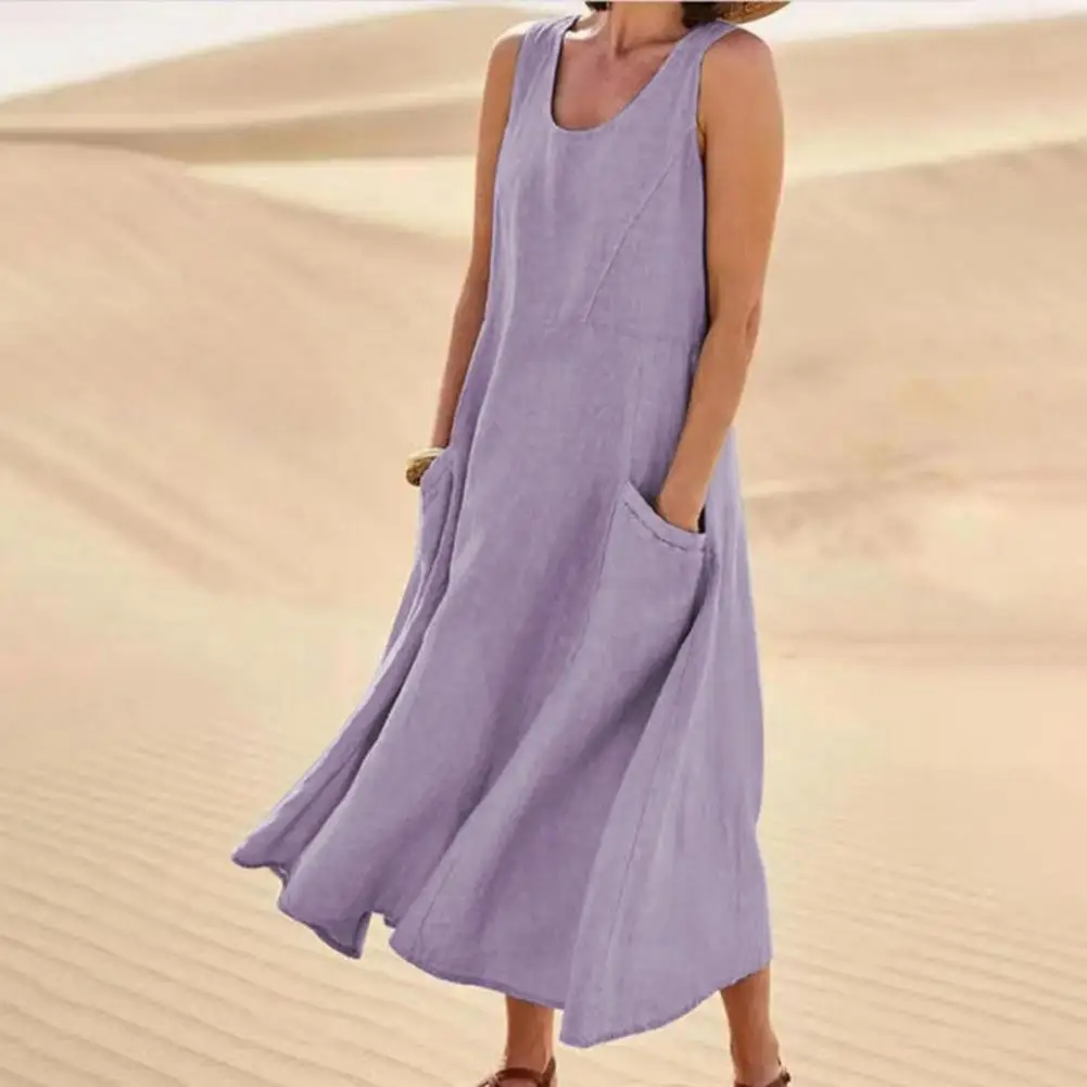 

Summer Long Dress Stylish Women's Summer Midi Dress with Pockets Soft Breathable A-line Sundress for Daily Wear Sleeveless O