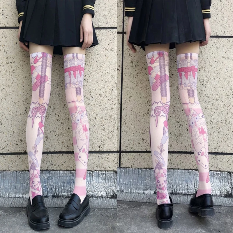 Women  Cartoon Thigh High Stockings Japanese Anime Cute Pig for CAT Bear Animal Printed Cosplay Over Knee Long Soc