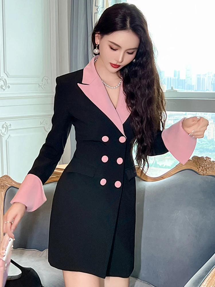 Sweet Work Style Commute Formal Mujer Pretty Women Suit Dresses Blazer Long Sleeve Wrap Hip Mini Vestidos Ladies Street Clothes