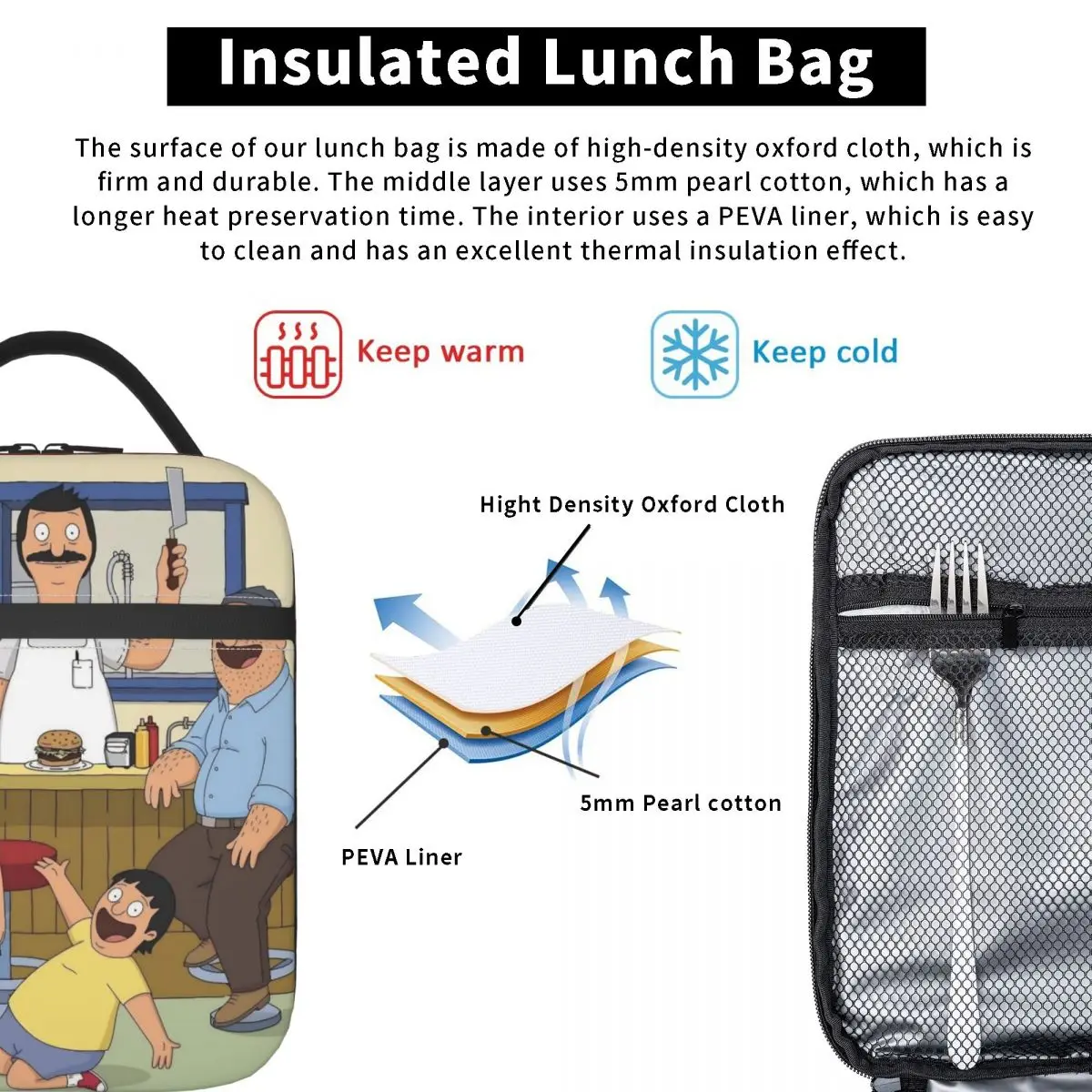 حقيبة غداء بوب برغر، صندوق غداء كاجوال للأطفال في الهواء الطلق، حقيبة تبريد محمولة مطبوعة أكسفورد، حقائب طعام #3