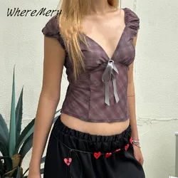 WhereMery Retro American Plaid Slim Top New Mesh Splicing Bow V-Neck Tank Top Spring  Commute High Street Sexy Vest 2024 Women's