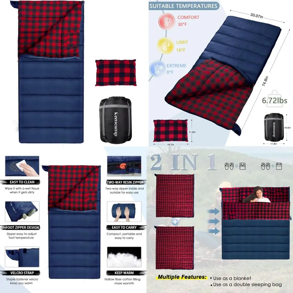 

4-Season XXL Adult Cotton Flannel Sleeping Bag for Cold Weather - Big and Tall with Pillow, Compression Packable