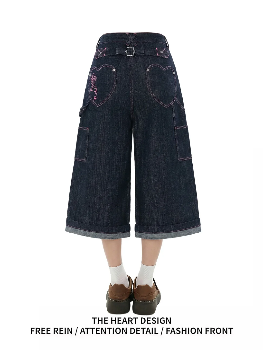 

Retro American Deep Blue Button down Denim Shorts Women's Summer New Pink Design Sewing Thread Seven-Foot Pants Casual Wear