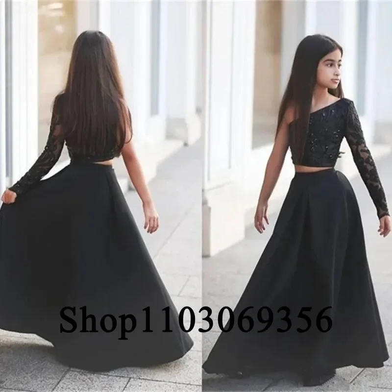 Flower Girl Dress Separate Black One Shoulder Lace Beaded Children Girl Wedding Birthday Party First Communion Holiday Gown