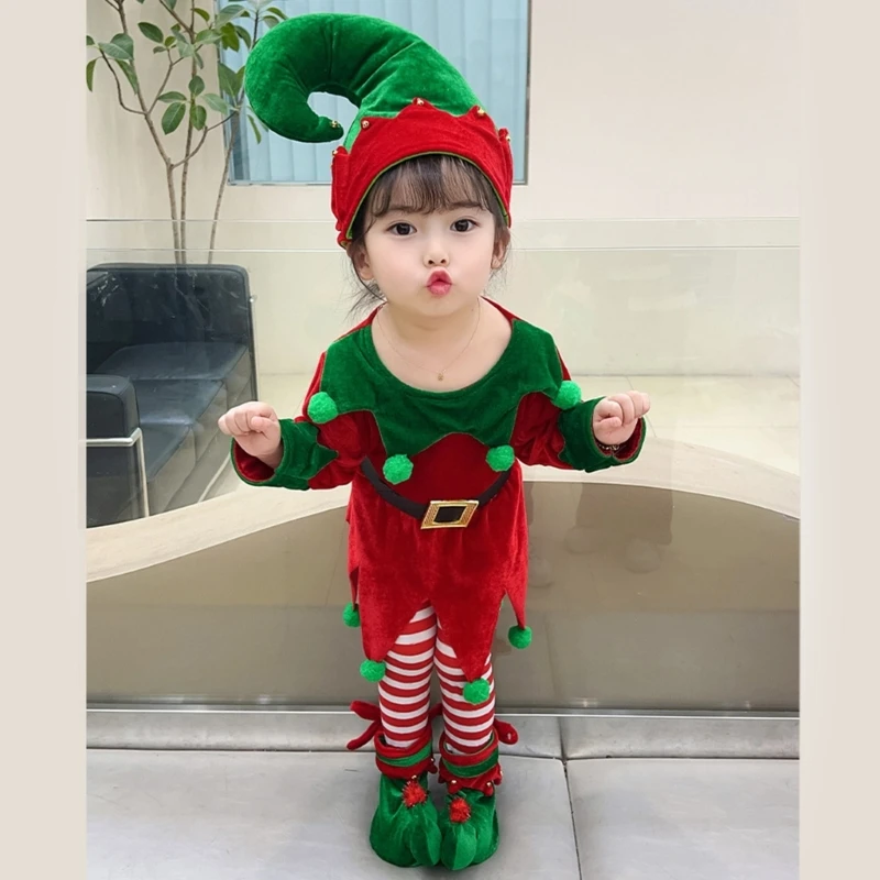 Kids Christmas Dwarf Costume Set Includes Dwarf Hat Shoe Covers Shirt Pants Christmas Elf Dress up Outfit for Boy Girl