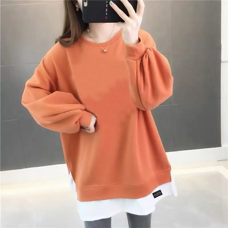 

Women's Spring Autumn Solid Round Neck Pullover Patchwork Lantern Long Sleeve T-shirt Sports Hoodie Loose Casual Midi Tops