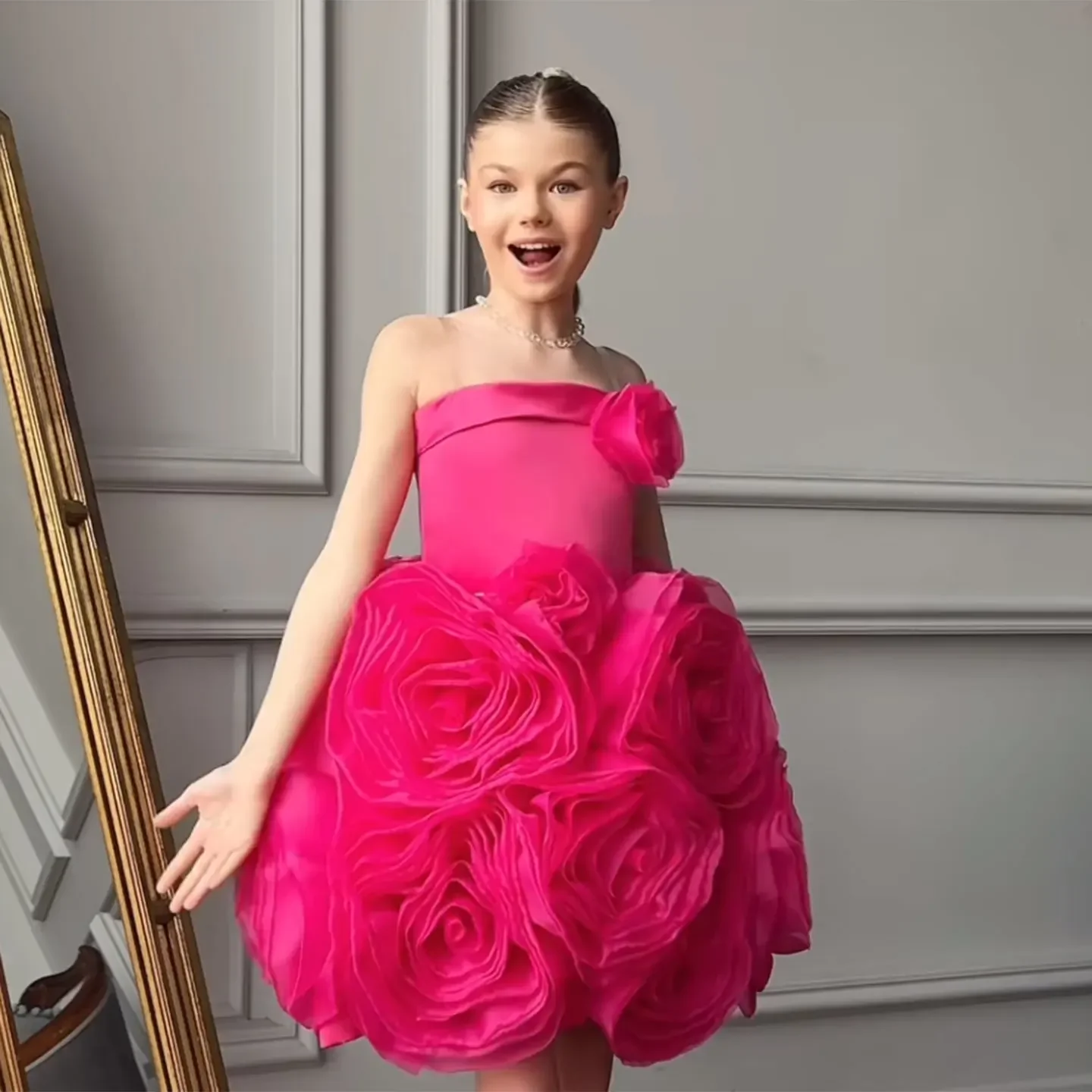 فستان فتاة فوشيا أنيق مع الزهور الصناعية الأبيض للأطفال الأميرة حفل زفاف وعيد ميلاد الأطفال ثوب J157