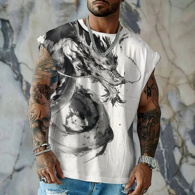 Vintage Chinese Loong Pattern Tank Tops For Men Cool Animal 3D Printed Tops Summer Casual Loose Sports O-Neck Vest Street Tees