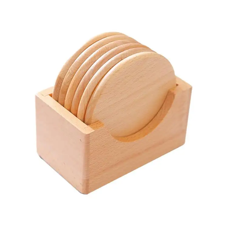 

20sets Natural Wooden Beech Coasters Set Pack of 6 Cup Mats and 1 Holer Heat Insulation Desktop Table Pads SN4205