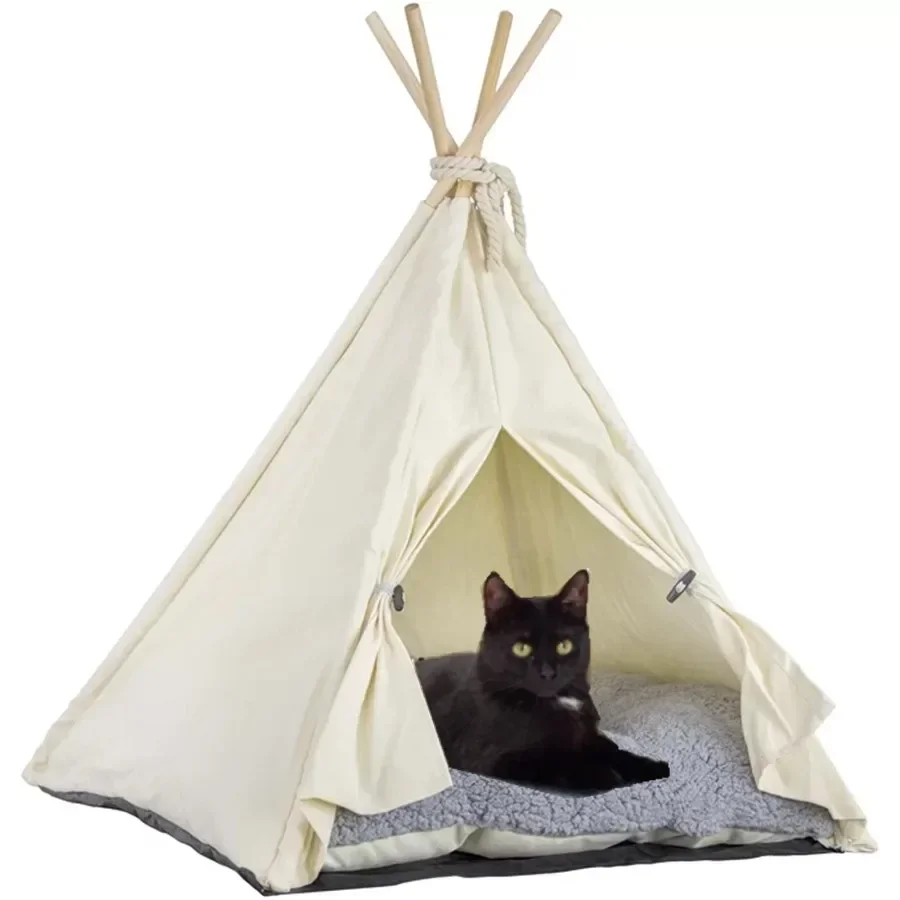 

Hot salescat bed long fur thick cushion felt wood luxury pet teepee tent Wooden Cat Furniture Bed