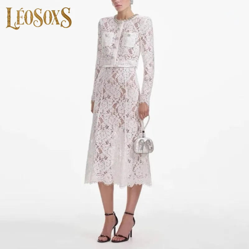 

LEOSOXS Fashion Women's Solid Hollow Out Two Piece Set O Neck Long Sleeve Top High Waist Skirt Elegant Chic Sets Female New