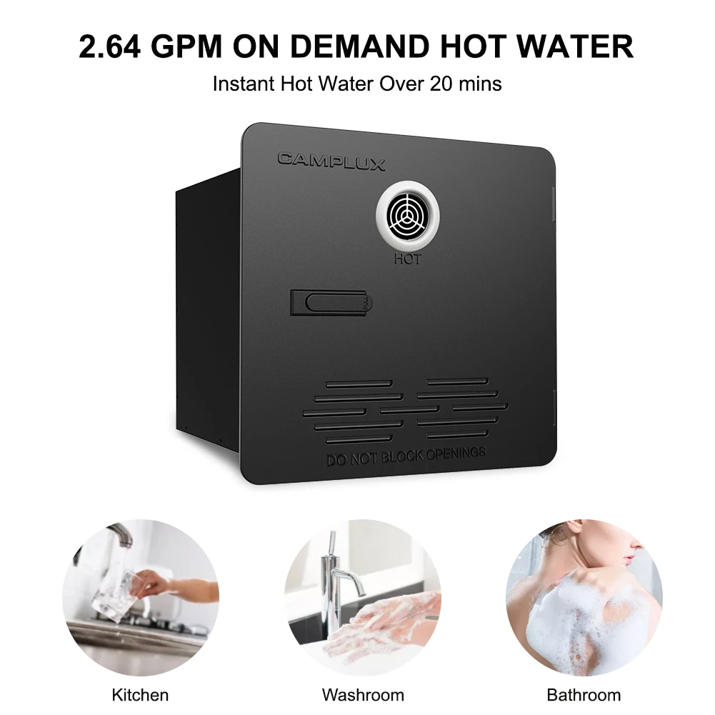 Chauffe-eau CAMPLUX RV 65,000 BTU RS264B Chauffe-eau sans réservoir pour camping-car Max 3,9 GPM en demande avec télécommande et porte RV noire