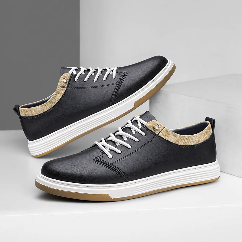 

Men's Black Leather Casual Sneakers Lace-up Comfortable Low-top Shoes Business Casual Flats for Men Daily Work Walking